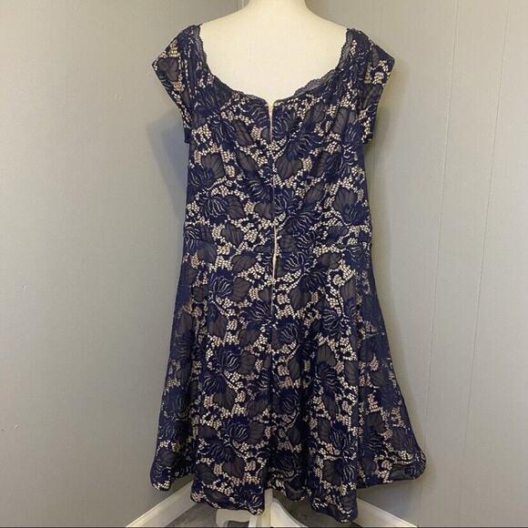 B.DARLIN Nude Tulle Formal Dress Sapphire Blue Lace Overlay Fringe Hem - Picture 7 of 10